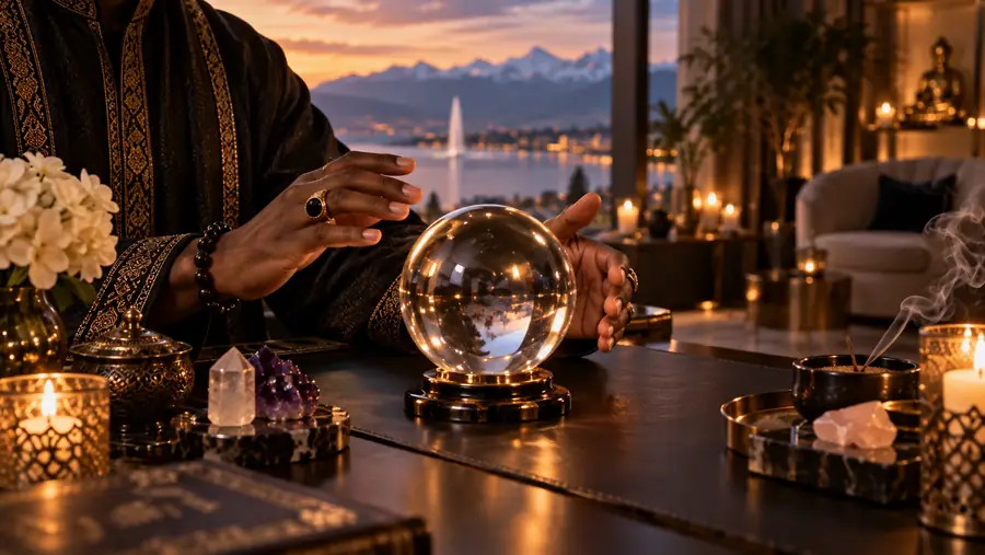 Mains de Professeur Diallo au-dessus d'une boule de cristal, Lac Léman et Jet d'Eau en arrière-plan au coucher du soleil.